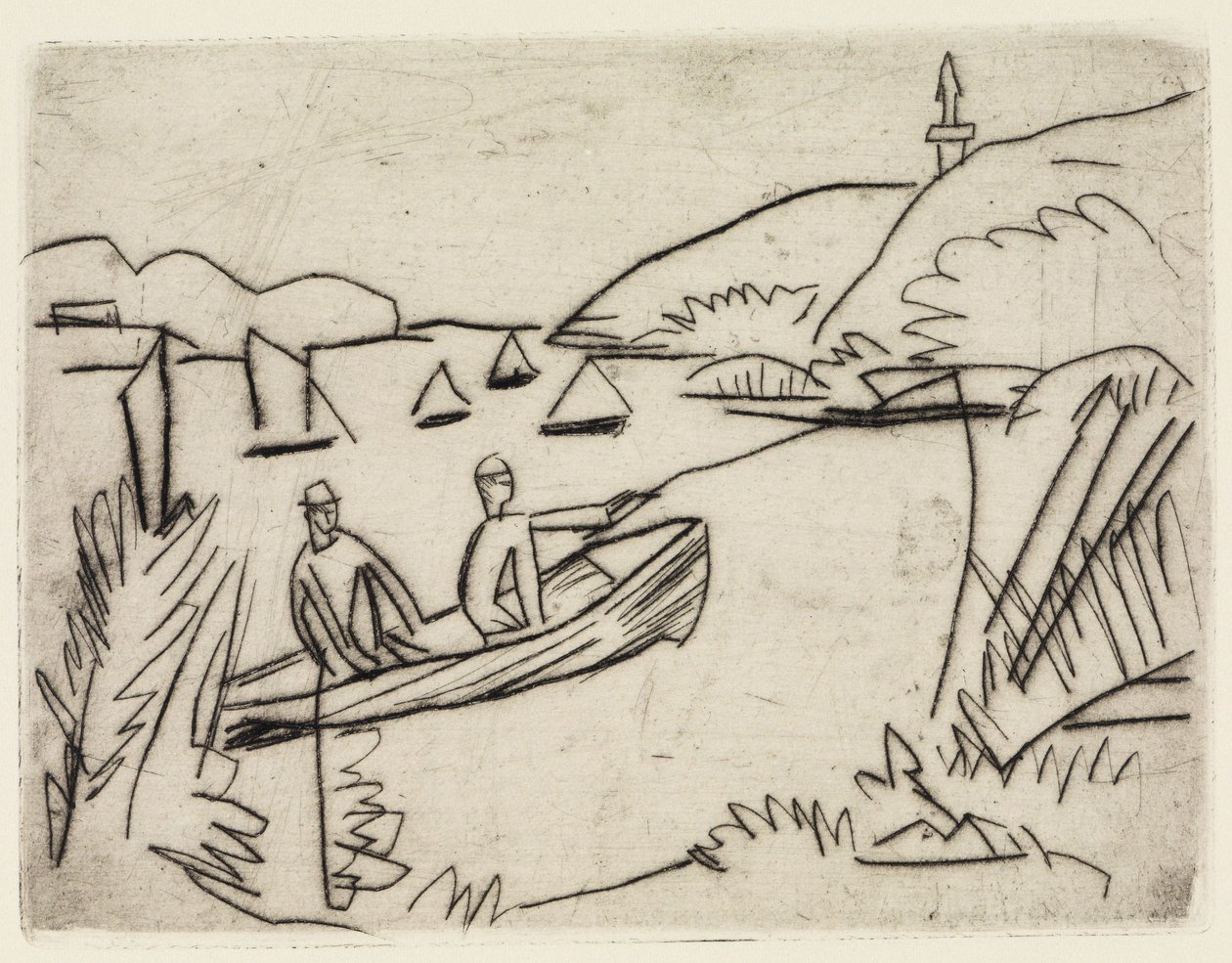 Två badande vid dammarna i Moritzburg/En fiskare i en båt på Müggelsee av Ernst Ludwig Kirchner