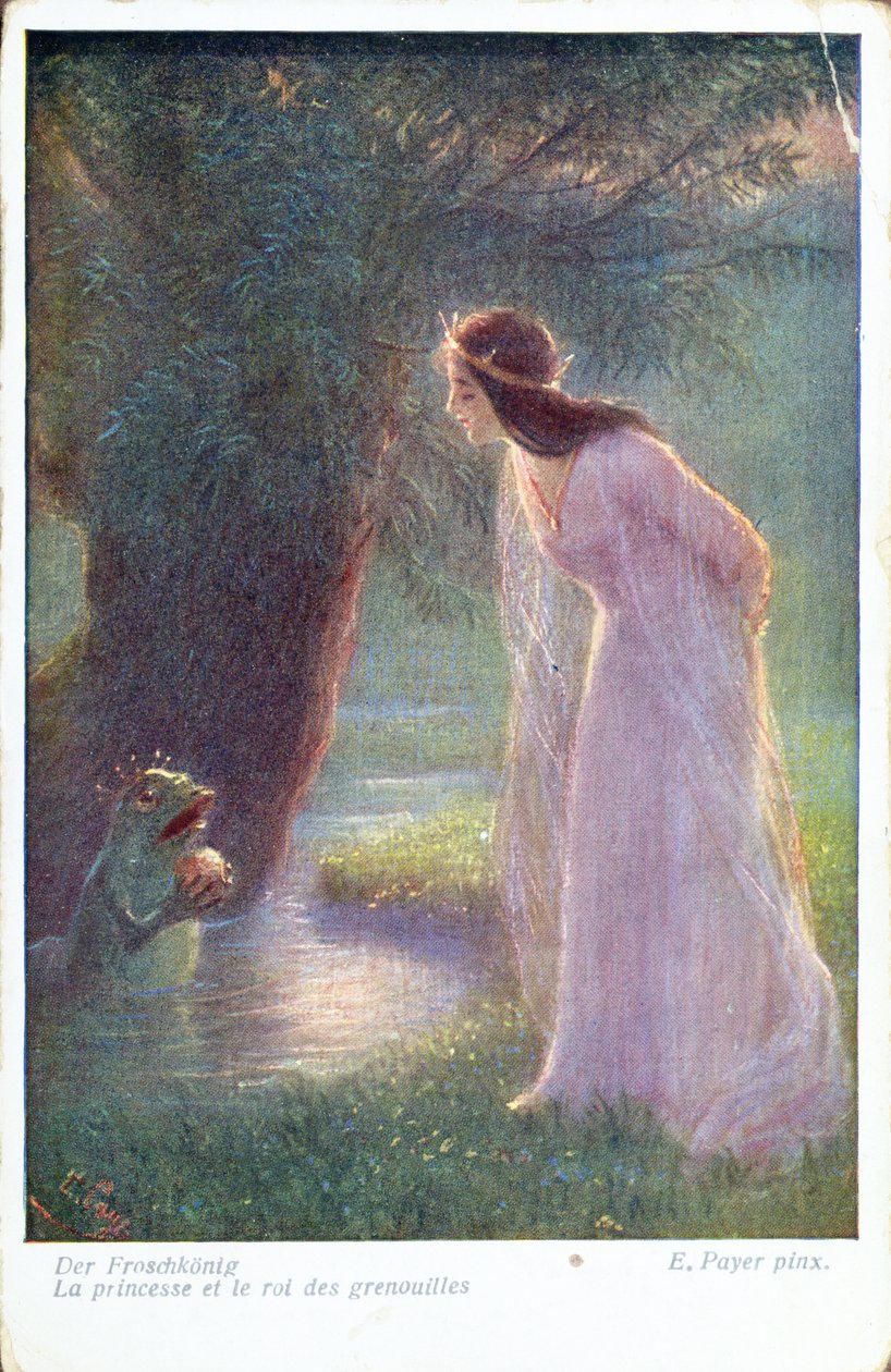 Grodprinsen ger prinsessan den gyllene bollen som han hittade i dammen. (Tidigt 1900-tal) av Ernst Payer