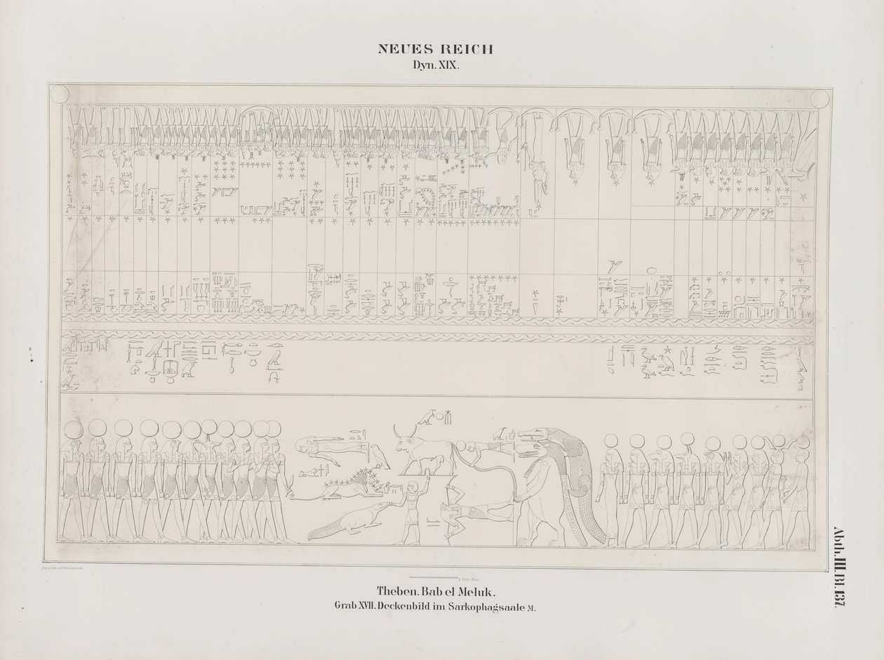 Ritning av takmålningen i Sarkofaghallen, 19:e dynastin, Thebe, Biban-el-Muluk, Nya kungariket, illustration från "Monument till Egypten och Etiopien...", av Richard Lepsius av Ernst Weidenbach