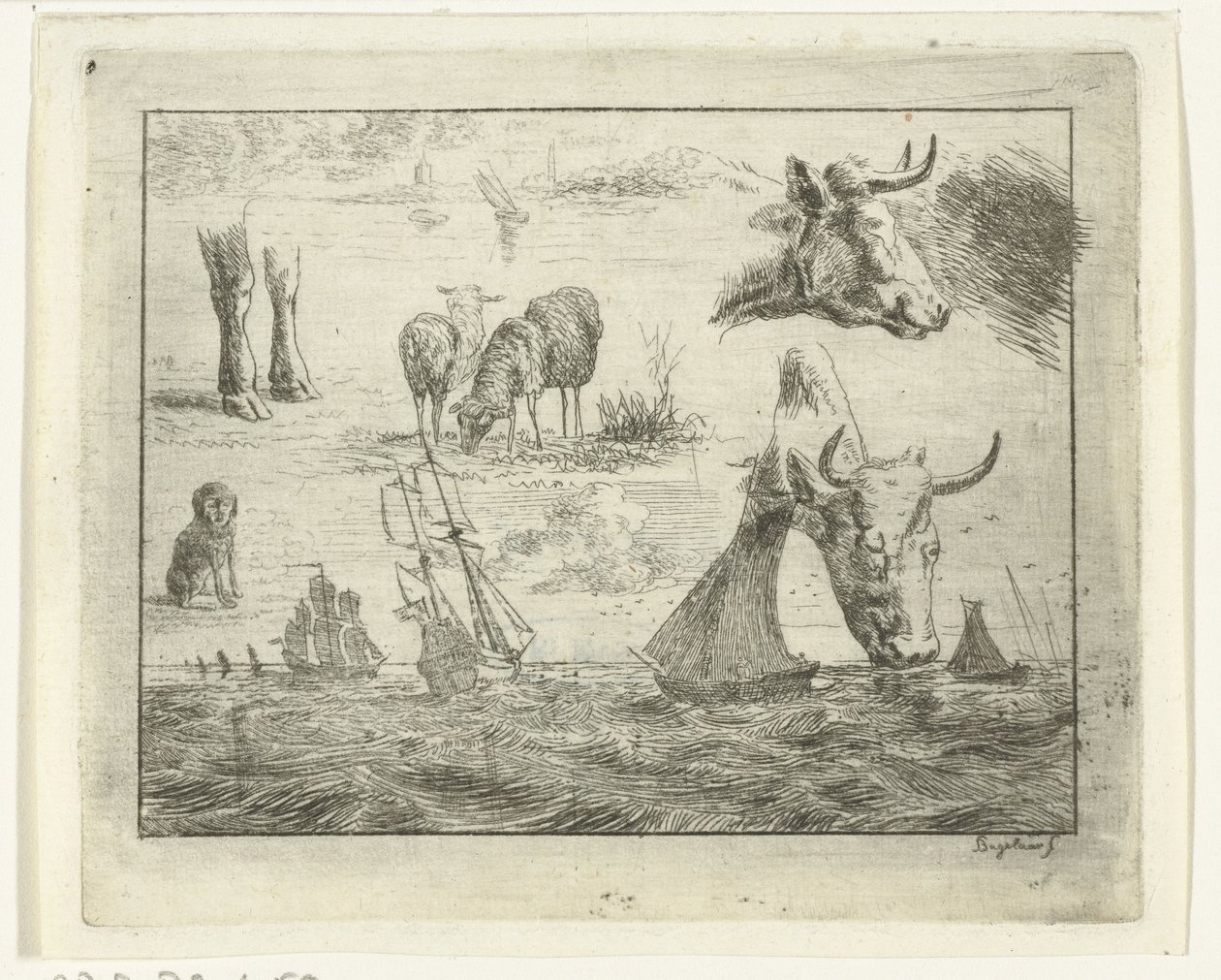 Studieblad med havsbild, två kohuvuden, får, en hund och två ben av Ernst Willem Jan Bagelaar