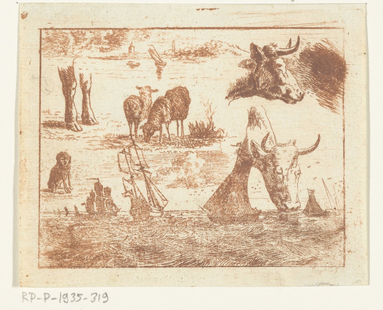 Studieblad med havsbild, två kohuvuden, får, en hund och två ben av Ernst Willem Jan Bagelaar