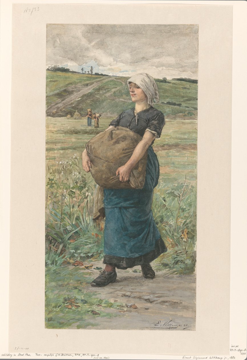 Gå kvinna med tung väska av Ernst Witkamp (signed by artist)
