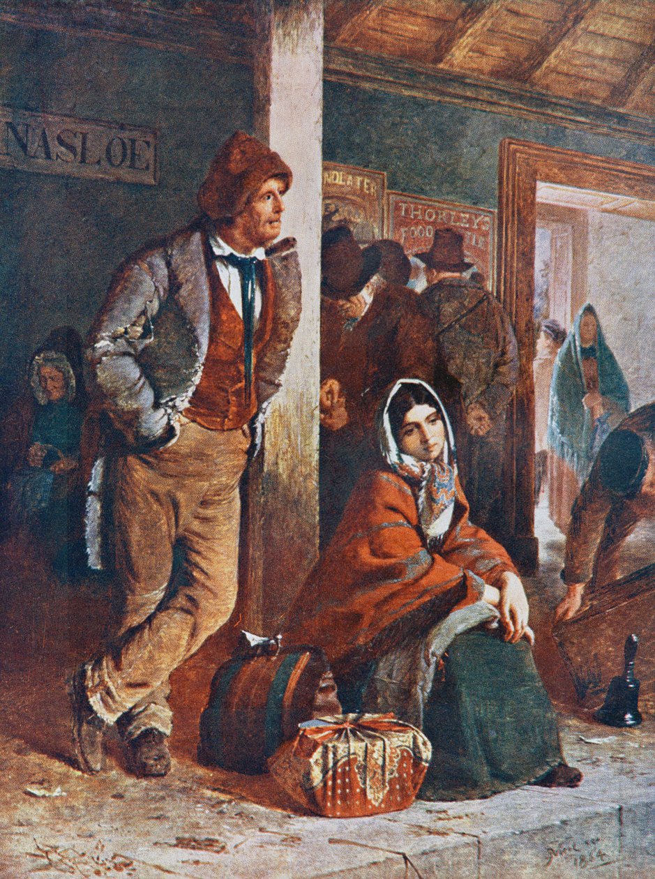 Irländska emigranter vid Ballinasloe station på väg till Galway, Irland för att gå ombord på båtarna till Amerika på 1800-talet, efter målning av Erskine Nicol. av Erskine Nicol