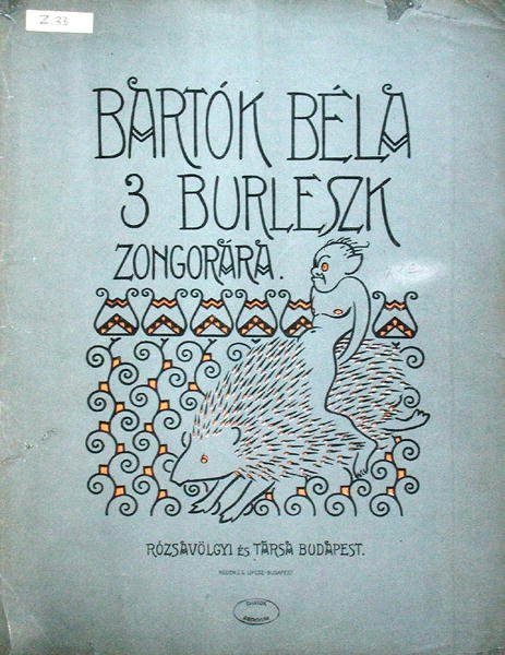Främre omslag till ett partitur för tre burlesker för piano av Bela Bartok (1881-1945) 1912 (färg litho) av Ervin Voit