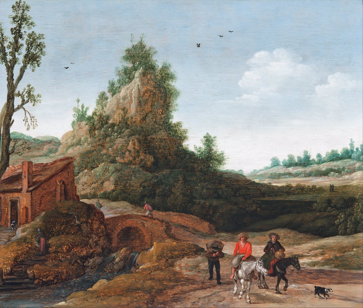 A landscape with travellers crossing a bridge before a small dwelling, horsemen in the foreground  av Esaias van de Velde