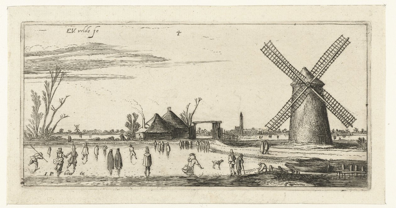 Skaters på isen på en kvarn nära Penningveer av Esaias van de Velde
