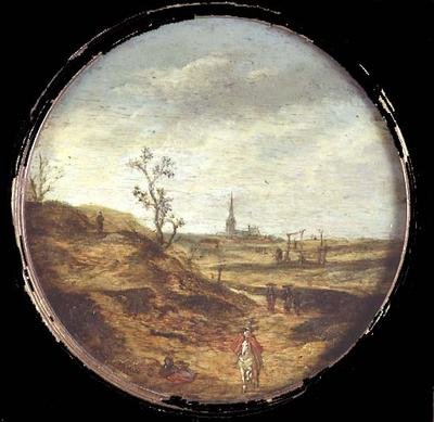 Ett vidsträckt landskap med resenärer på en väg av Esaias II van de Velde