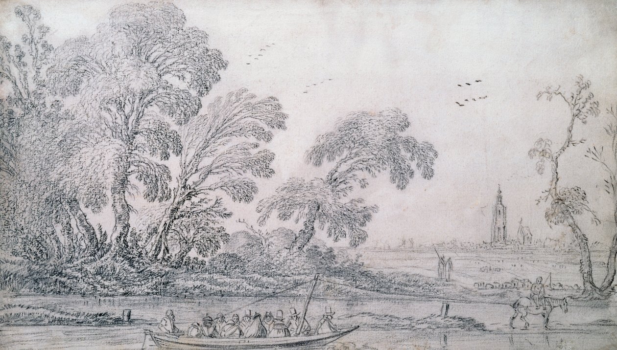 En hästdragen färja på en kanal, Haag bortom (svart krita) av Esaias I van de Velde