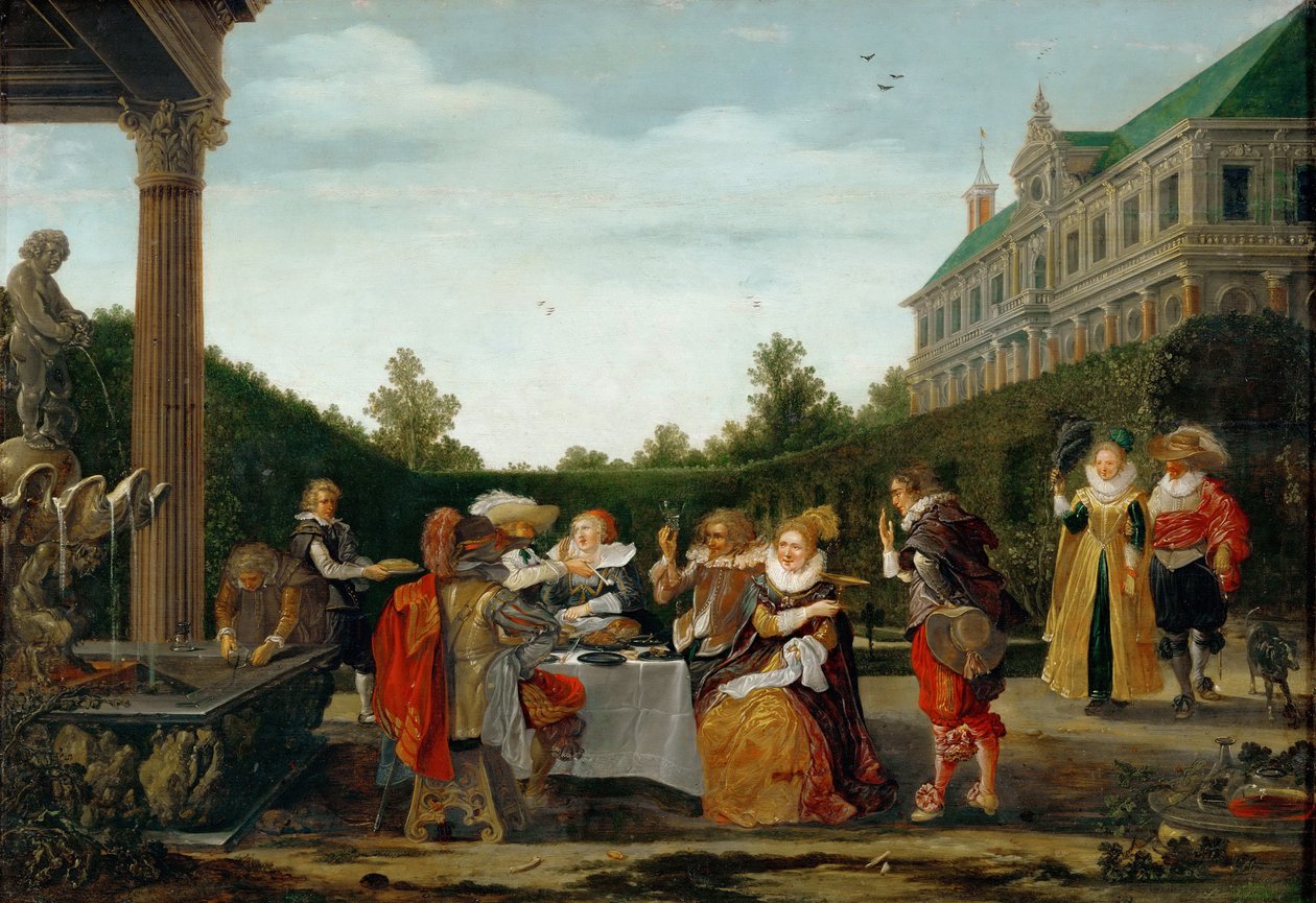 Fest i slottsparken, av Velde, Esaias, van de (1591-1630). olja på trä av Esaias I van de Velde