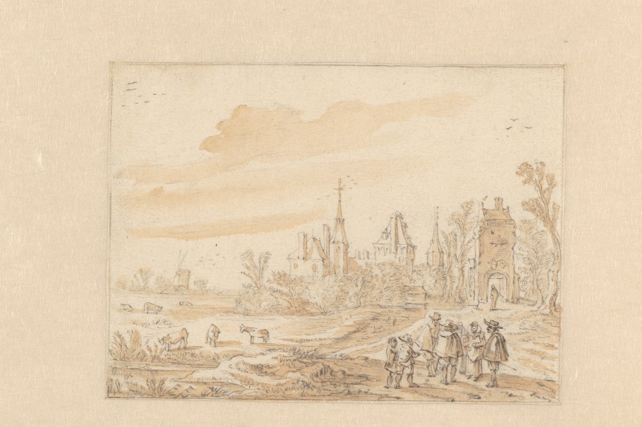 Landskap med en grupp människor och ett slott av Esaias van de Velde (possibly)