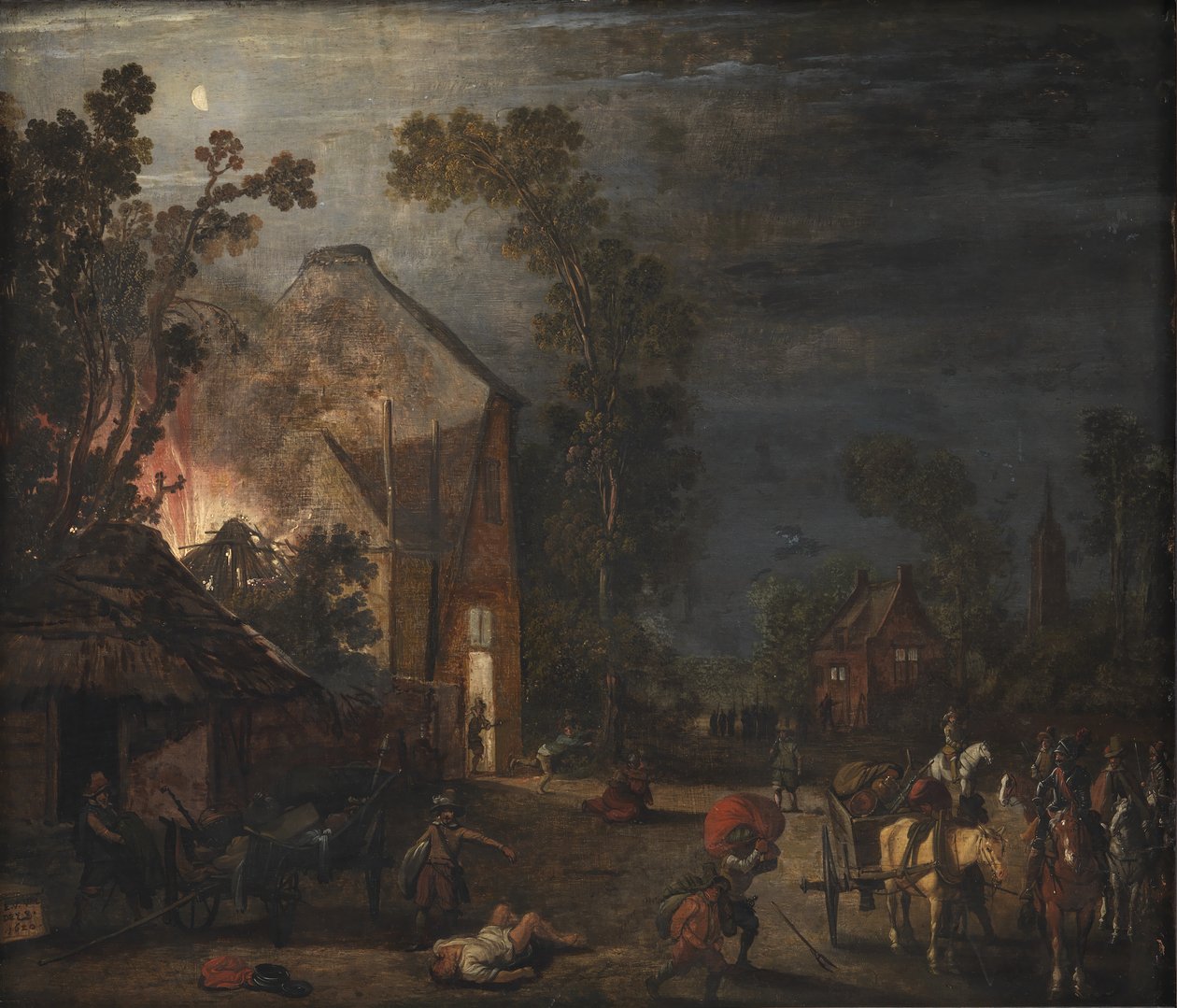 En by plundrad på natten av Esaias van de Velde