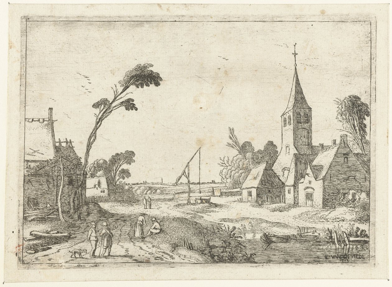 Byutsikt med gårdar, kyrka och brunn Liggande landskap (serietitel) av Esaias van de Velde