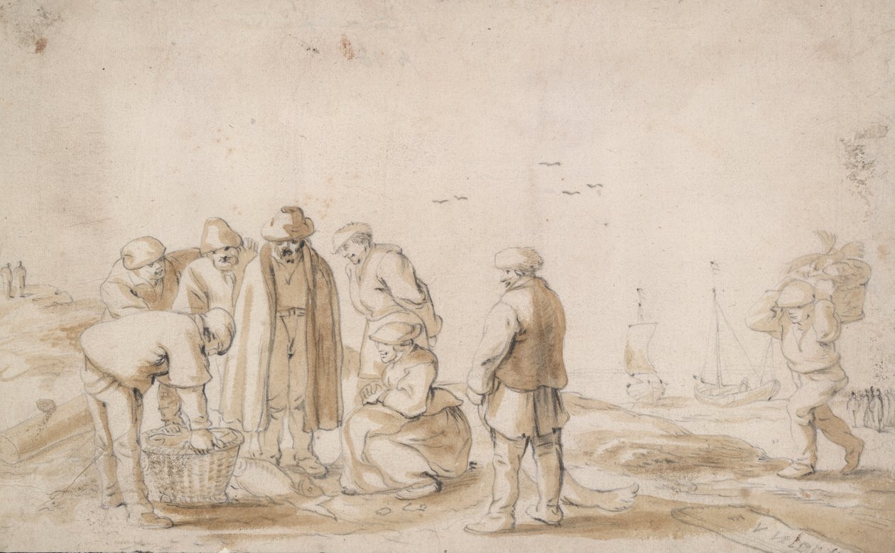 Fiskhandlare på stranden av Esaias van de Velde