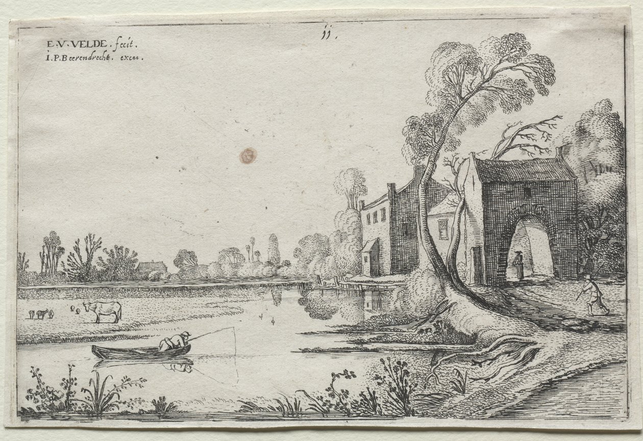 Landskap med en flod och ett porthus av Esaias van de Velde