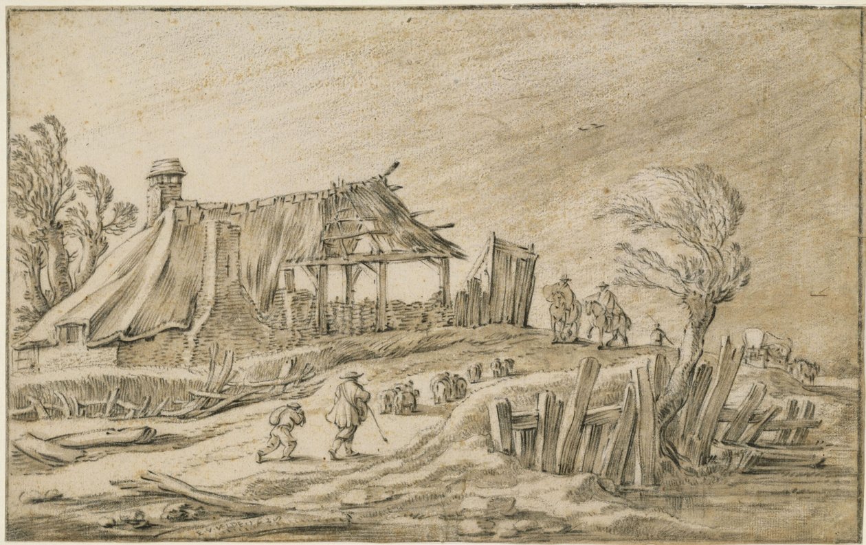 Landsväg med en fårhjord och ryttare i regnstorm av Esaias van de Velde