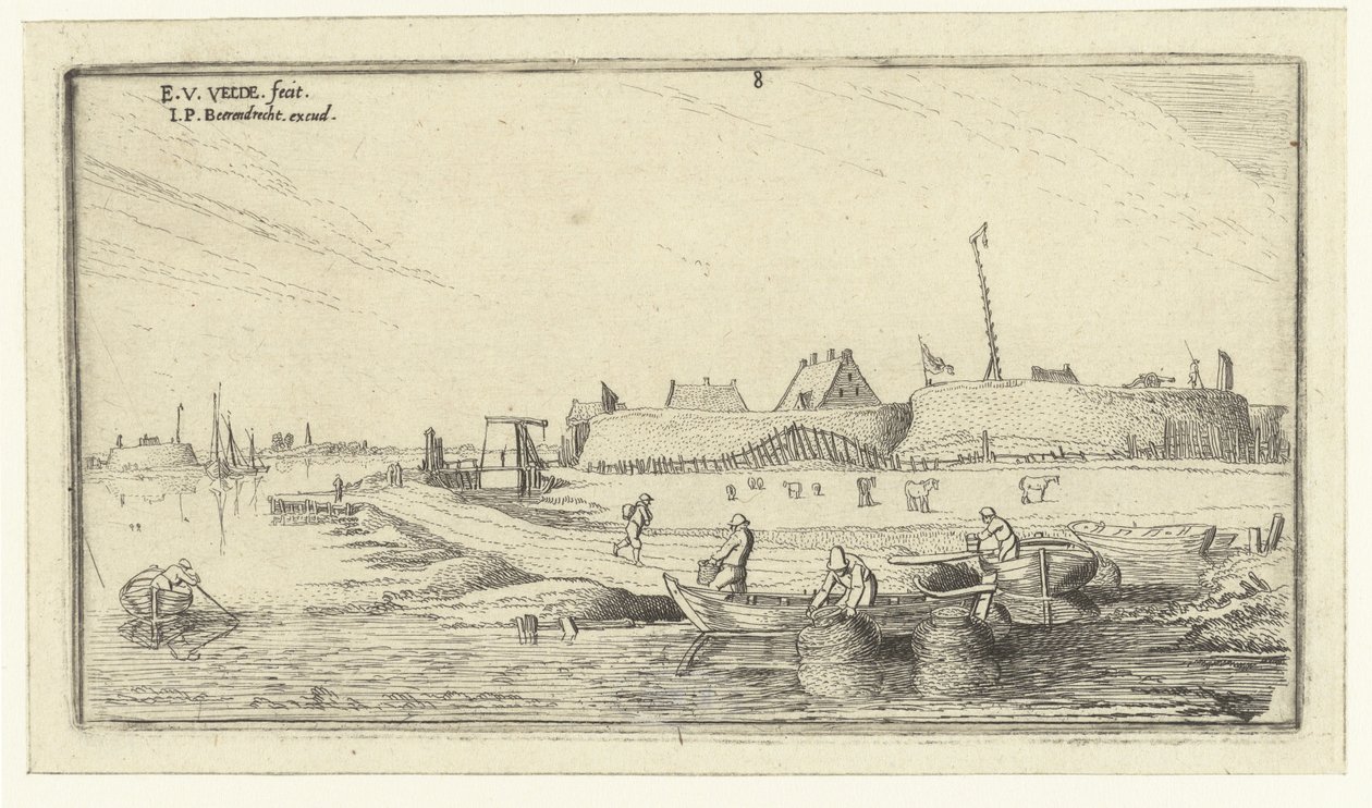 Roddbåtar med fiskare framför en fästning på Scheldt Landskap (serietitel) av Esaias van de Velde