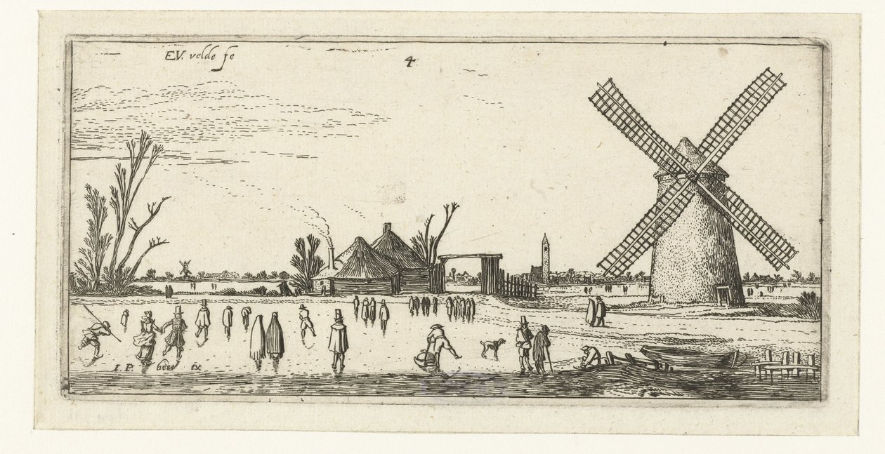 Åkare på isen vid en kvarn nära Penningsveer Landskap (serietitel) av Esaias van de Velde