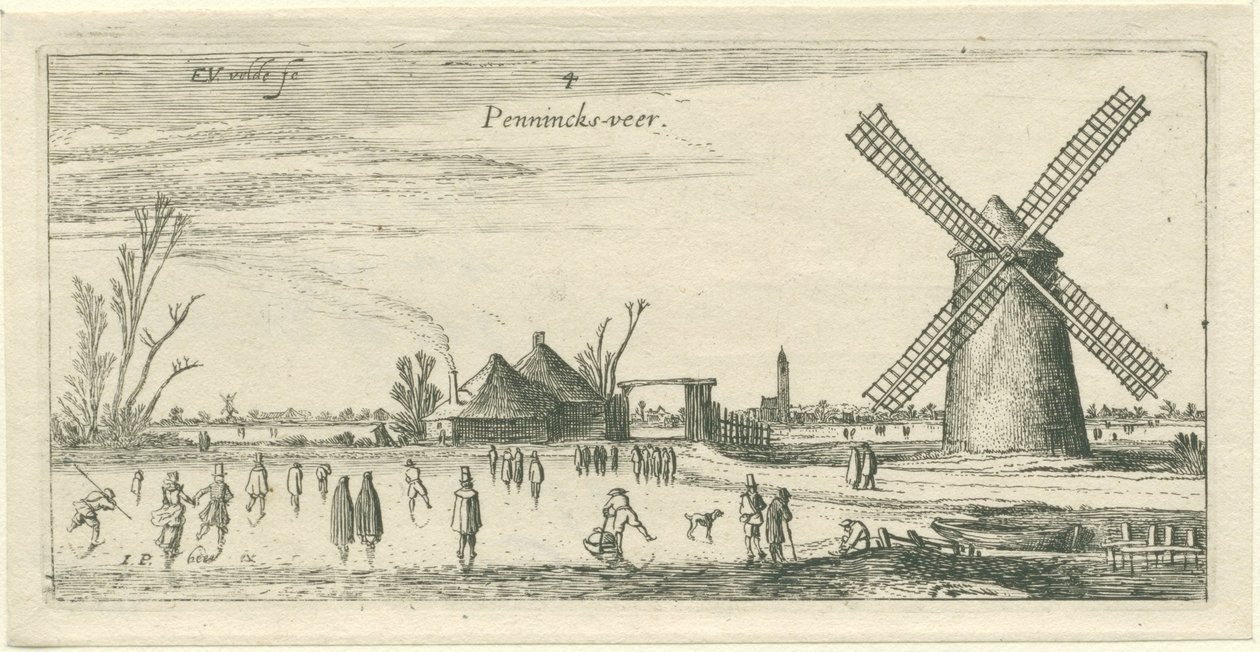 Åkare på isen vid en kvarn nära Penningsveer Landskap (serietitel) av Esaias van de Velde