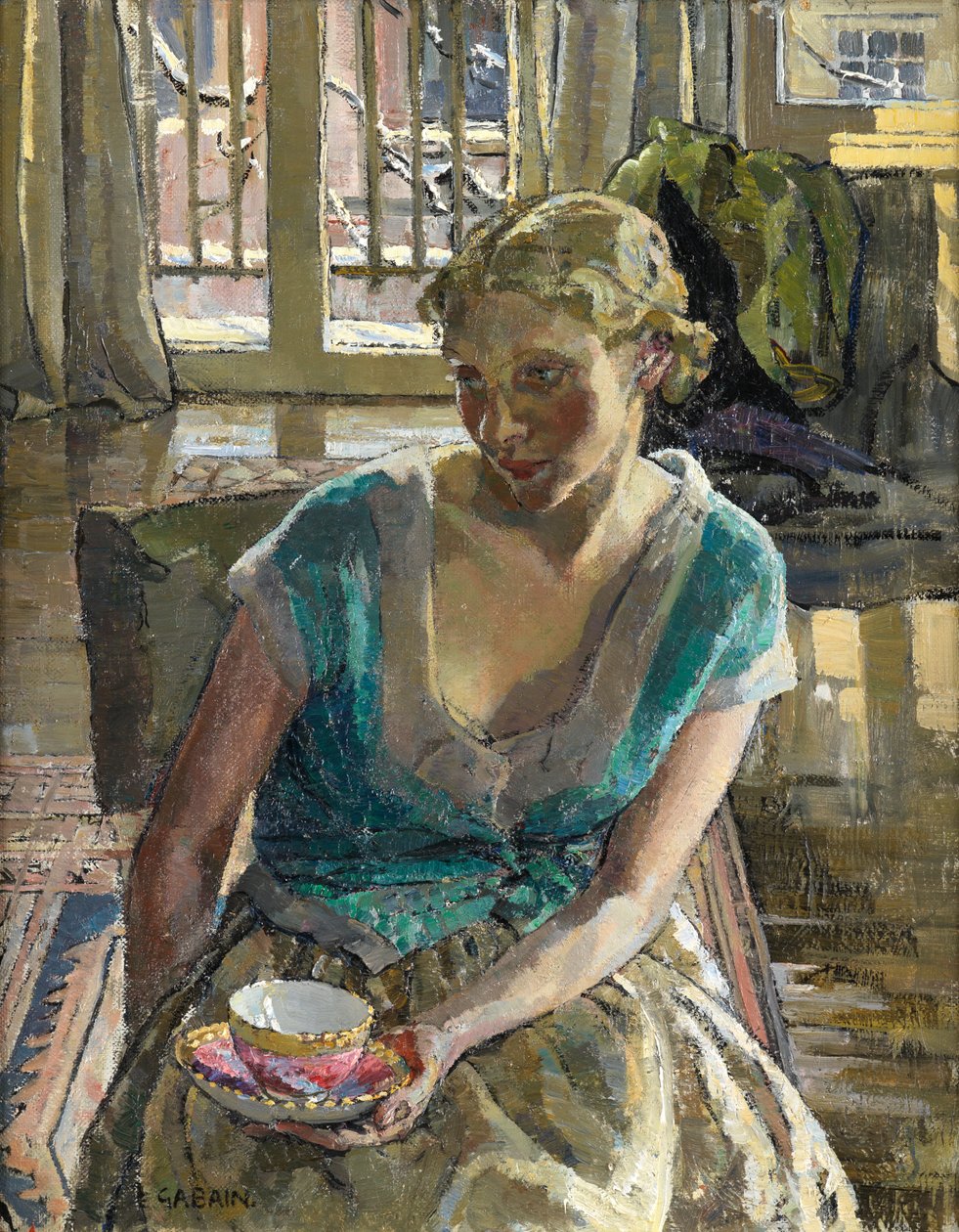 Te på vintern (olja på duk) av Ethel Gabain