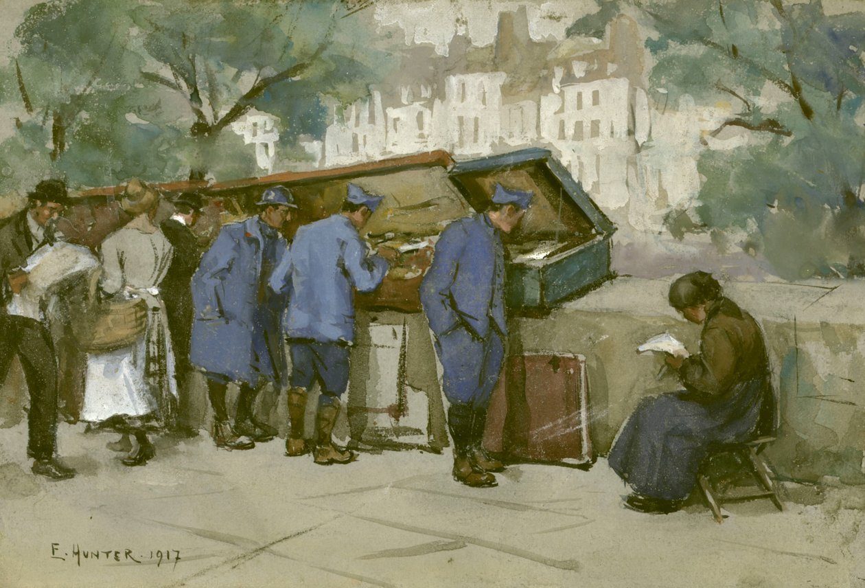 Franska soldater och Bouquinistes längs Seine, 1917 (wc på ljusgrått papper) av Ethel Hunter