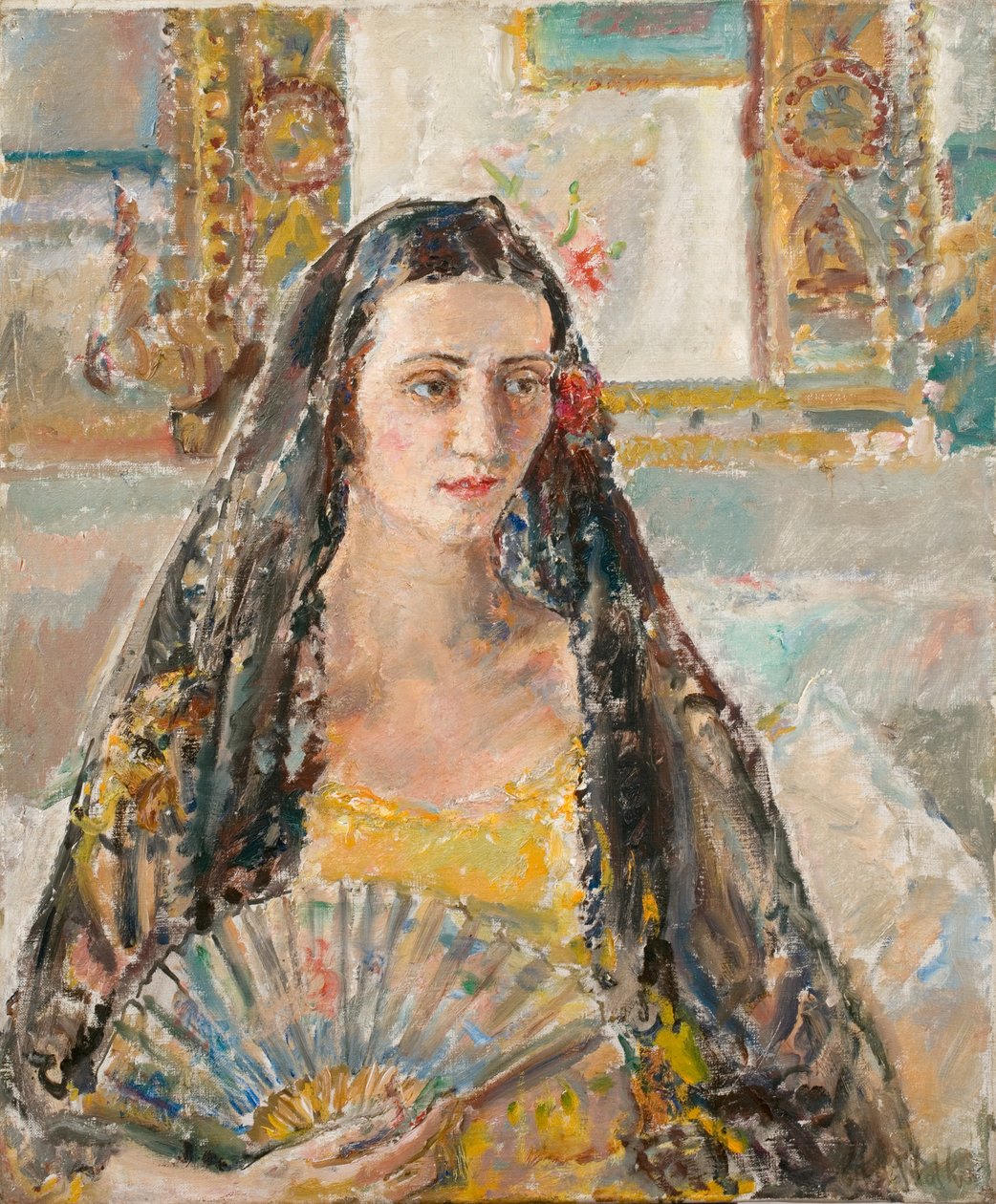 Dam med solfjäder, exh. 1926 (olja på duk) av Ethel Walker