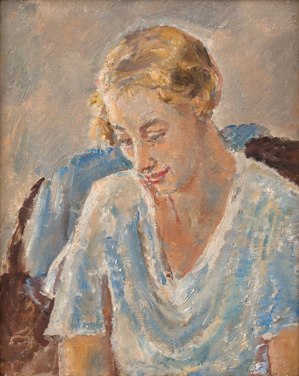 Porträtt av en kvinna i blått (olja på duk) av Ethel Walker