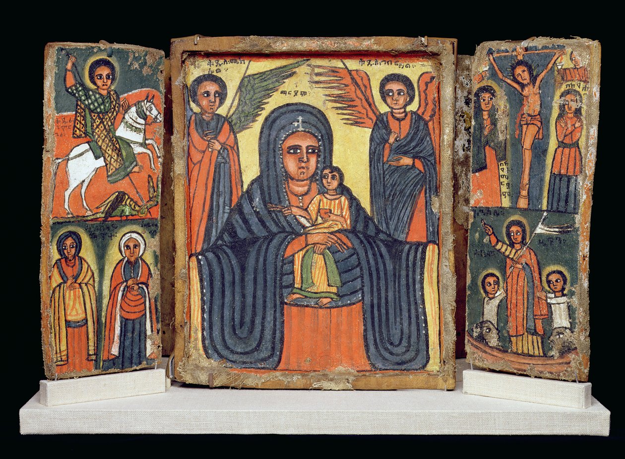 Dubbeltriptyk, Amharakultur (gesso och pigment på linne) (se även 212139) av Ethiopian School