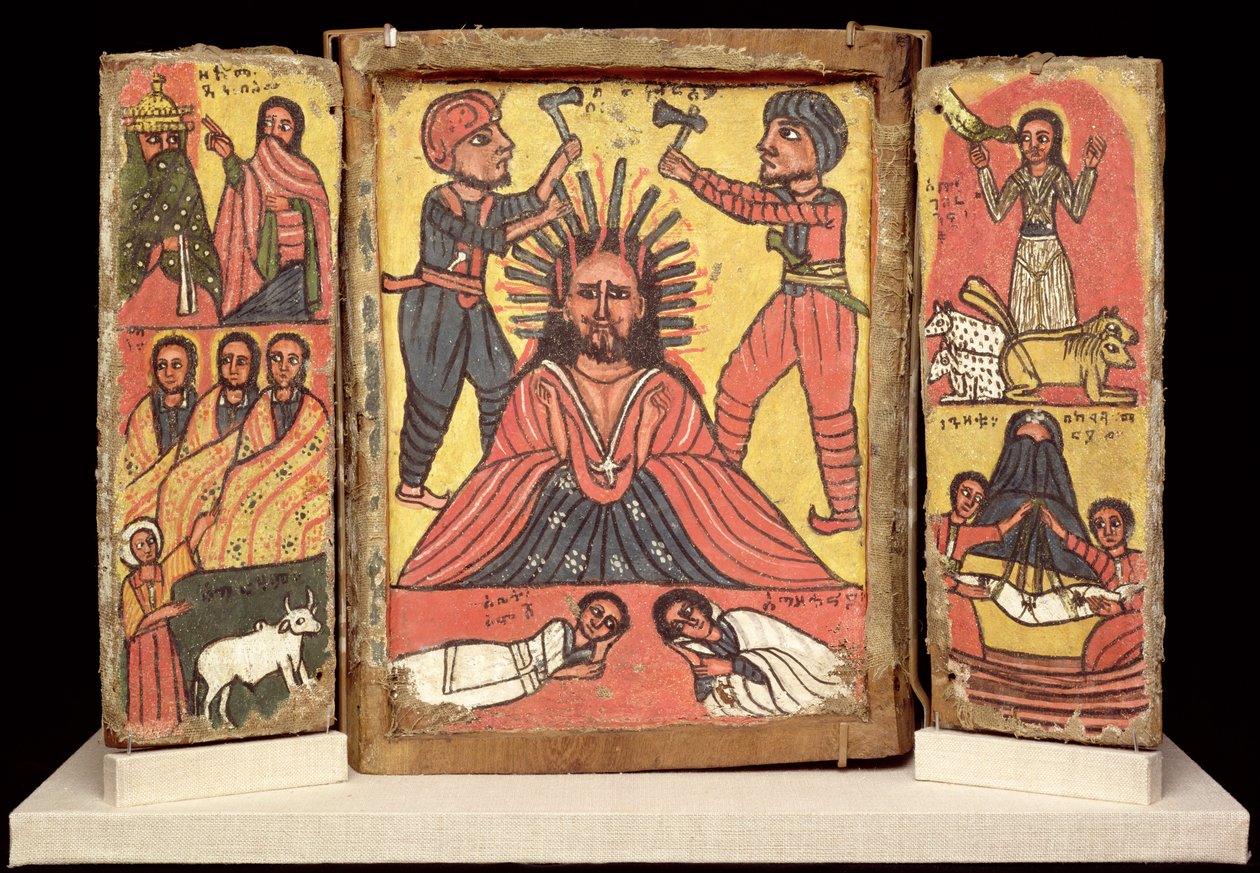 Dubbeltriptyk, Amharakultur (gesso och pigment på linne) (se även 212138) av Ethiopian School