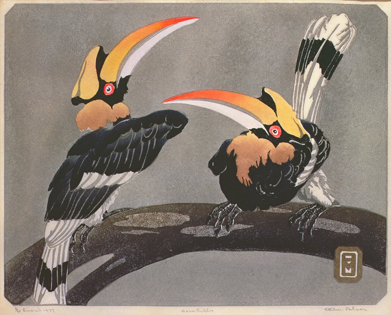 Hornbills, 1937 (linotypsnitt) av Ethleen Palmer