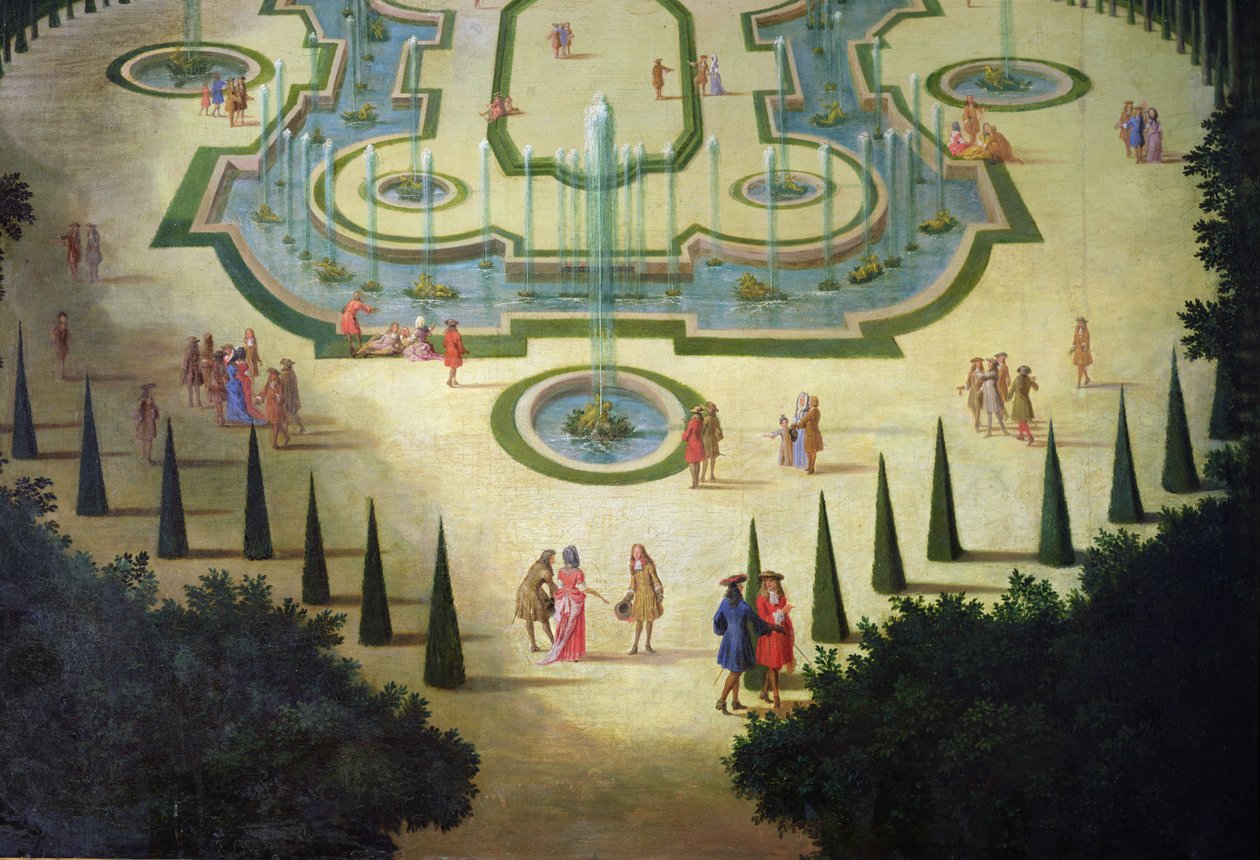 La Salle des Festins ou Salle du Conseil detalj av dammarna och figurerna i förgrunden, c.1688 olja på duk av Etienne Allegrain
