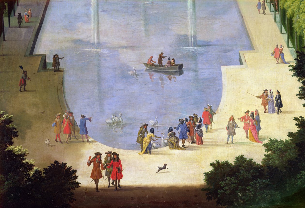 Le Bassin du Miroir deau och Île Royale detalj av figurer nära dammen, ca 1688 olja på duk av Etienne Allegrain