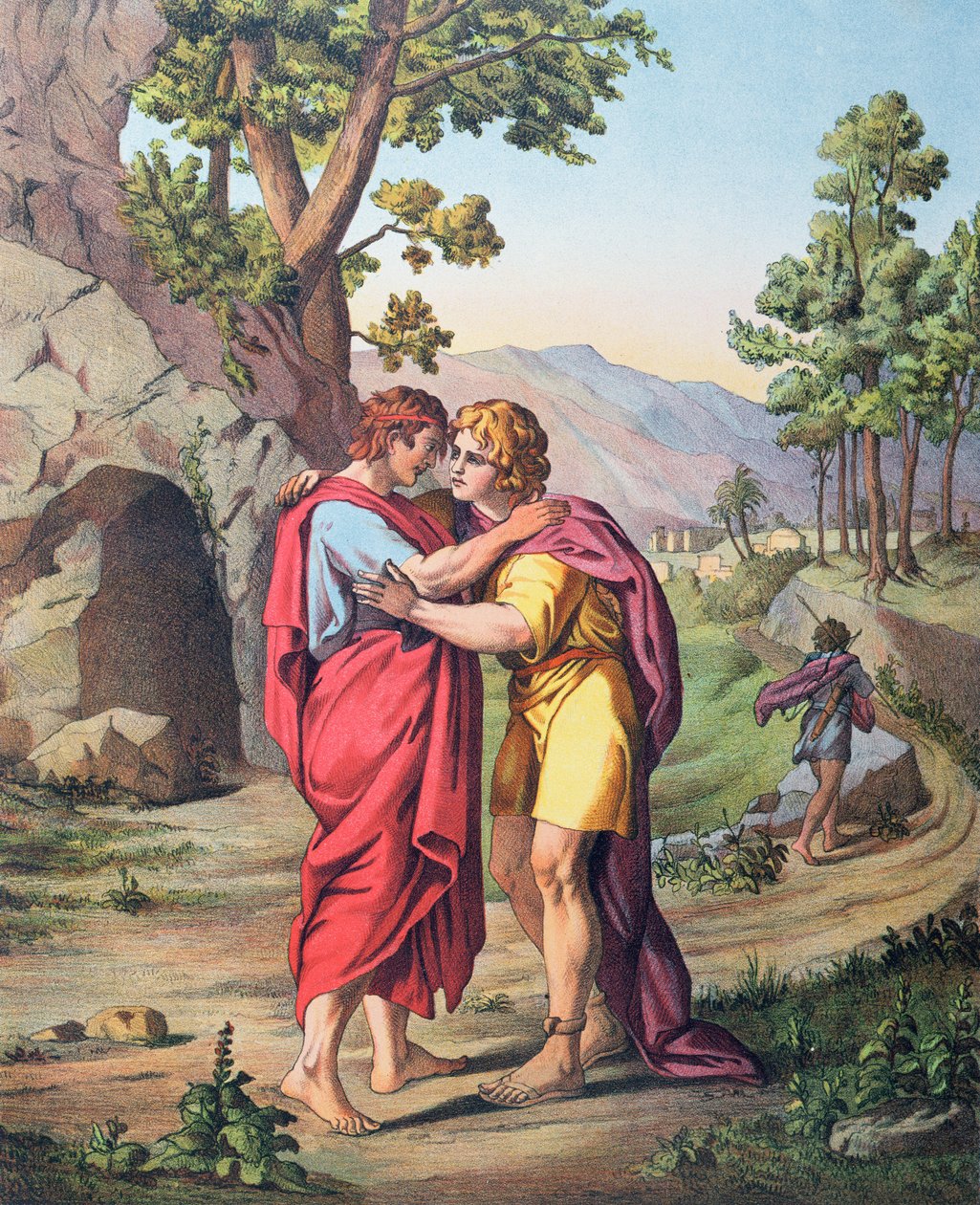 Davids och Jonatans skilsmässa, illustration från en katekes, ca 1860 av Etienne Antoine Eugene Ronjat