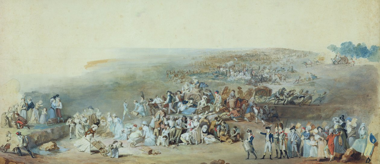 Parisare vid Champ de Mars förbereder sig för Fete de la Federation, 14 juli 1790 (penna och bläck och gouache på papper) av Etienne Charles Leguay