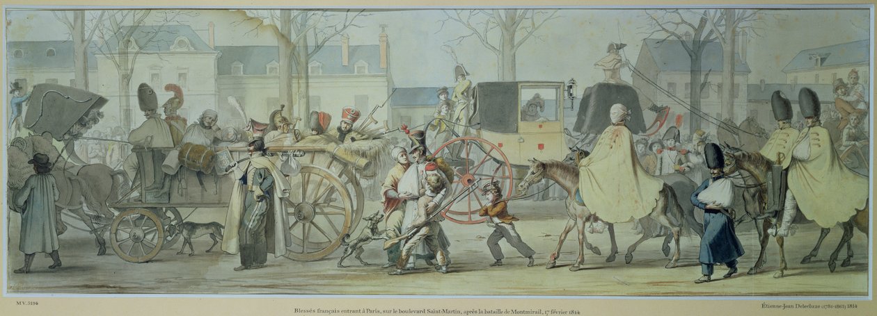 Sårade franska soldater kommer in i Paris på Boulevard Saint-Martin efter slaget vid Montmirail, 17 februari 1814 (penna och bläck och wc på papper) av Etienne Jean Delecluze