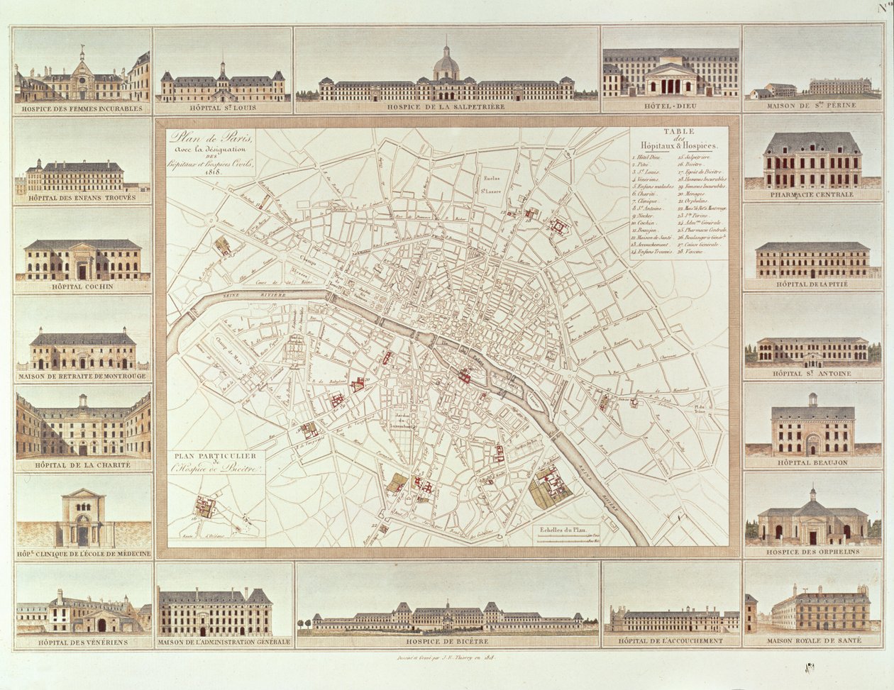 Plan av Paris som anger civila sjukhus och hem, 1818, publicerad 1820 av Etienne Jules Thierry