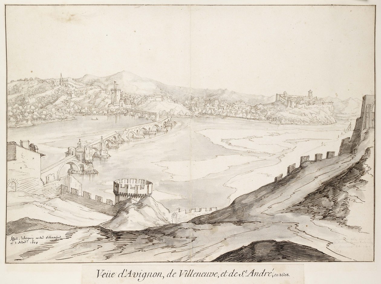 Utsikt över bron vid Avignon mot Villeneuve (grafit med penna och mörkbrunt bläck med grå tvätt på vitt papper) av Etienne Martellange