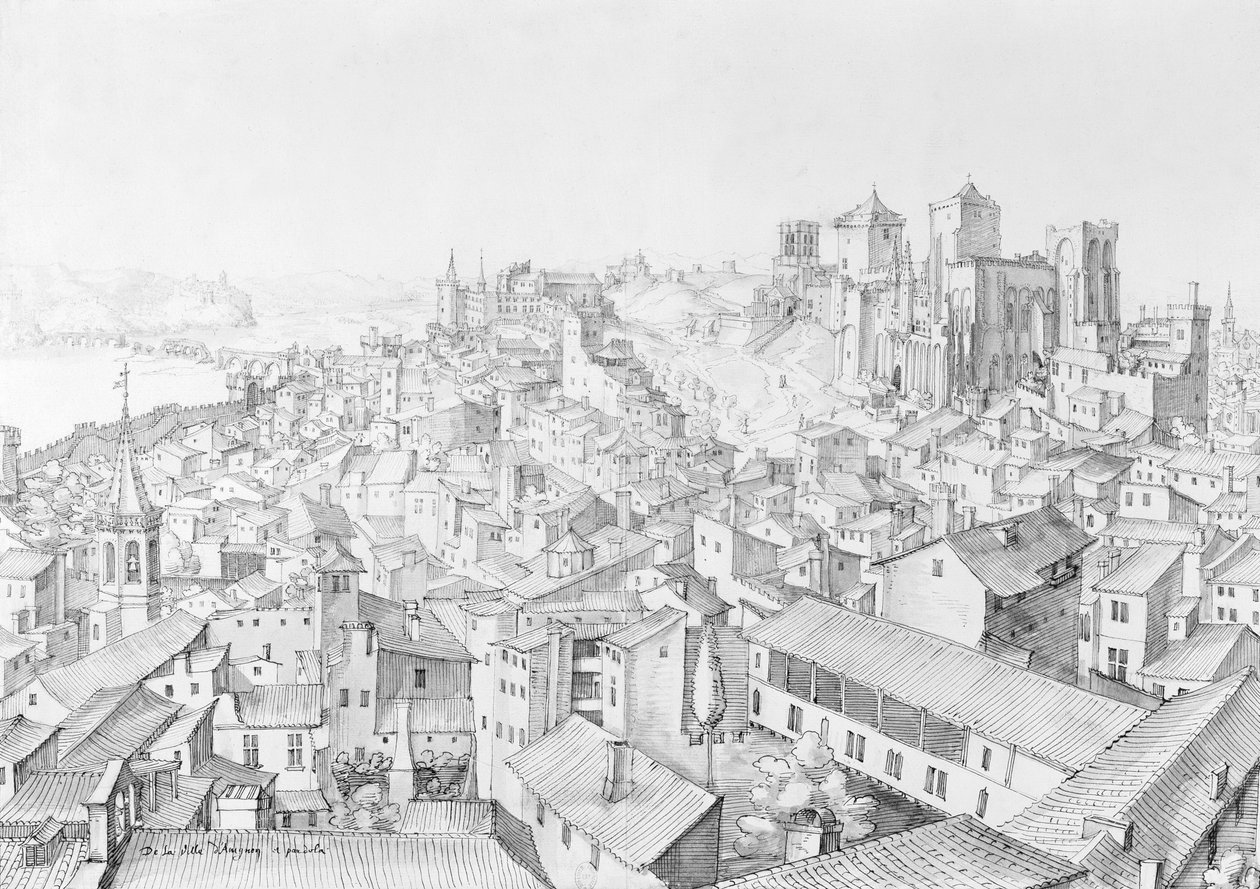 Utsikt över staden Avignon och dess omgivningar (penna och bläcktvätt på papper) av Etienne Martellange