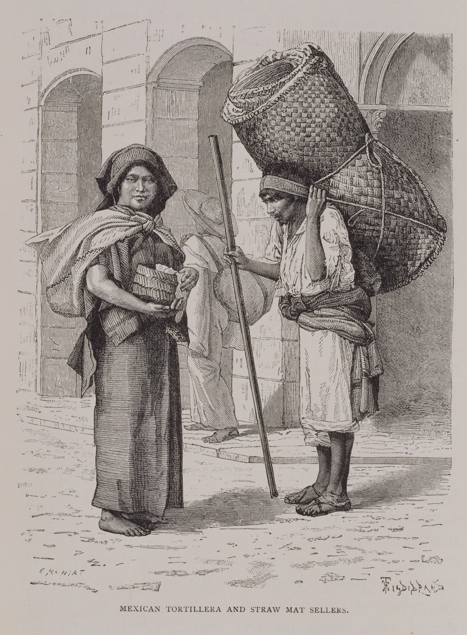 Mexikansk Tortillera och halmmatta säljare, från "The Ancient Cities of the New World", av Claude-Joseph-Desire Charnay, pub. 1887 av Etienne Antoine Eugene Ronjat