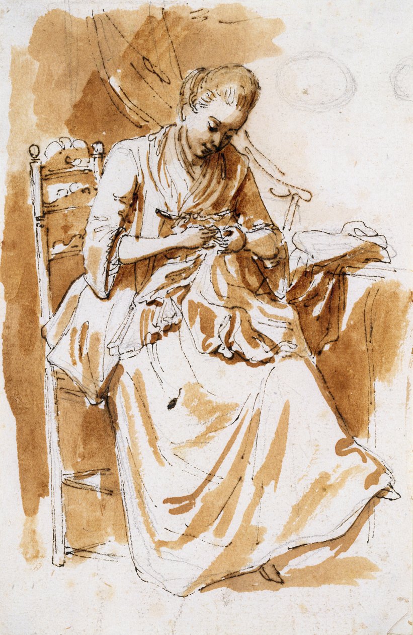 The Embroiderer (wc & bläck på papper) av Etienne de Lavallee Poussin