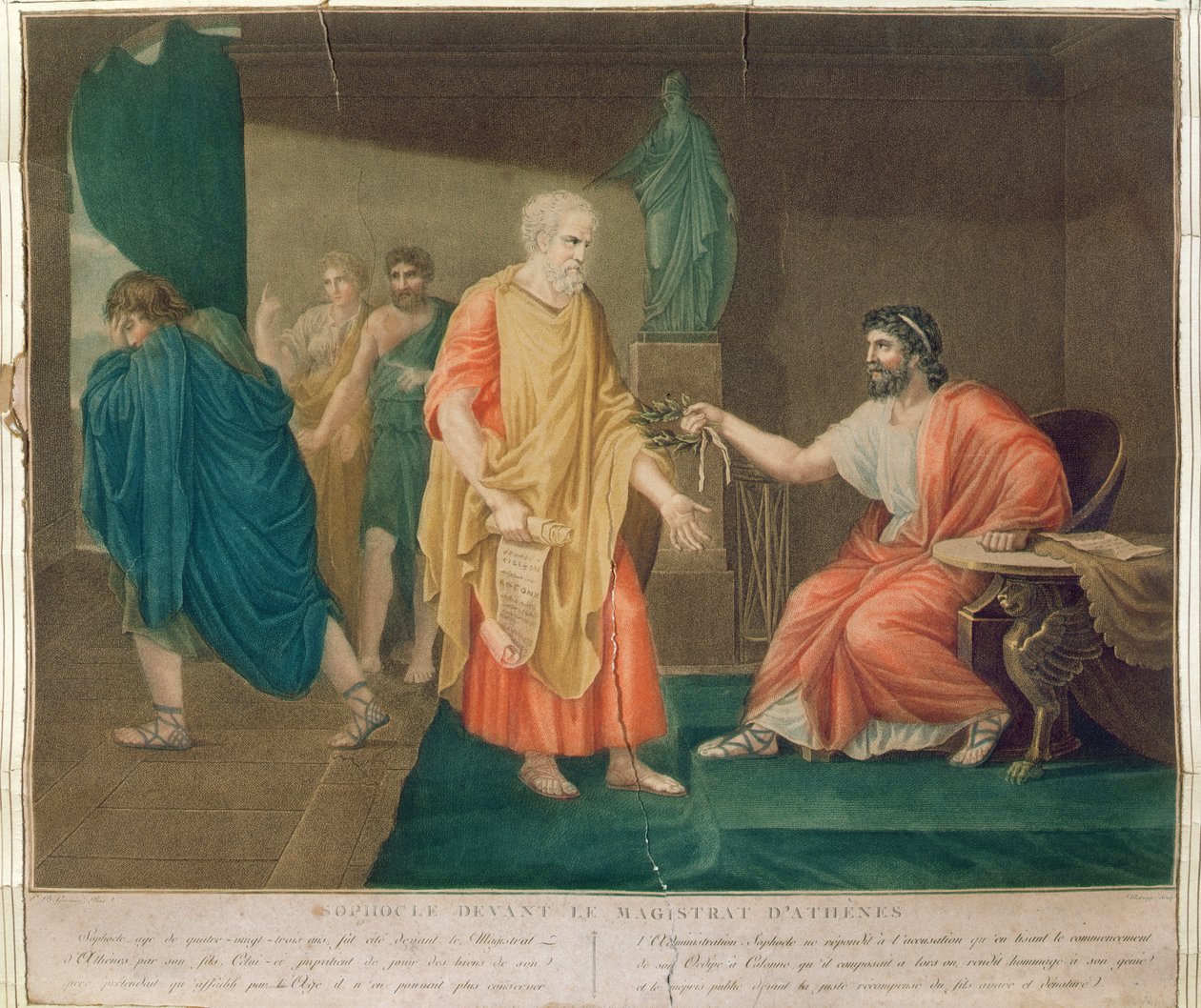 Sofokles (c.496-405 f.Kr.) vid en ålder av 83 hedras med en olivkrans av den atenske magistraten (färgstick) av Etienne Barthelemy Garnier