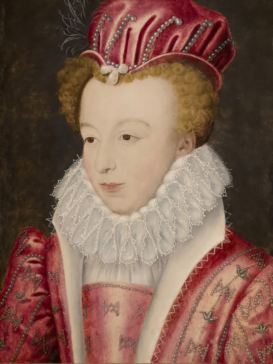 Porträtt av Marguerite de France, drottning av Navarra, efter 1572 (olja på trä) av Etienne (after) Dumonstier