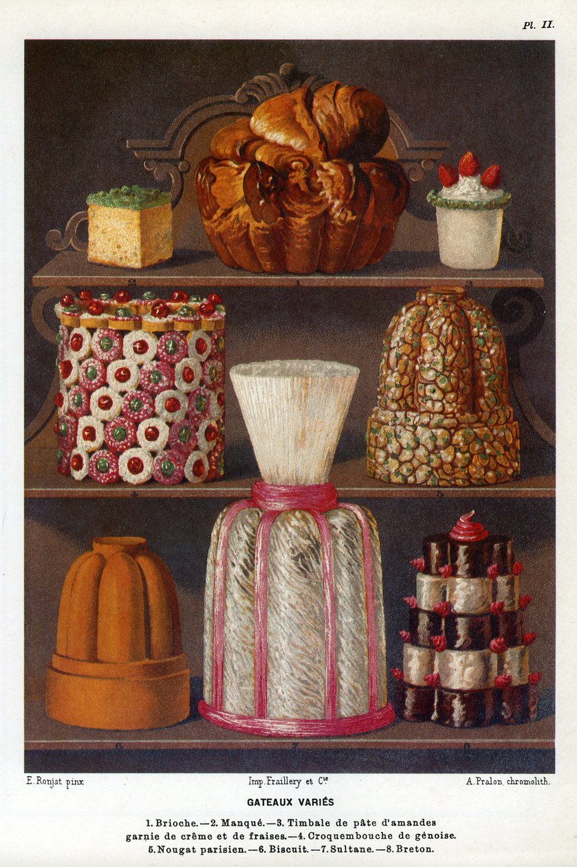 Kakor varierar: brioche, lack, timpani av mandelmassa toppad med grädde och jordgubbar, croquenbouche de genoise, parisisk nougat, kex, sultan, bretonsk - tallrik nr 2 från konditoriboken av Jules Gouffe, officer de bouche du Jockey-Club de Paris (kap av Etienne (after) Ronjat