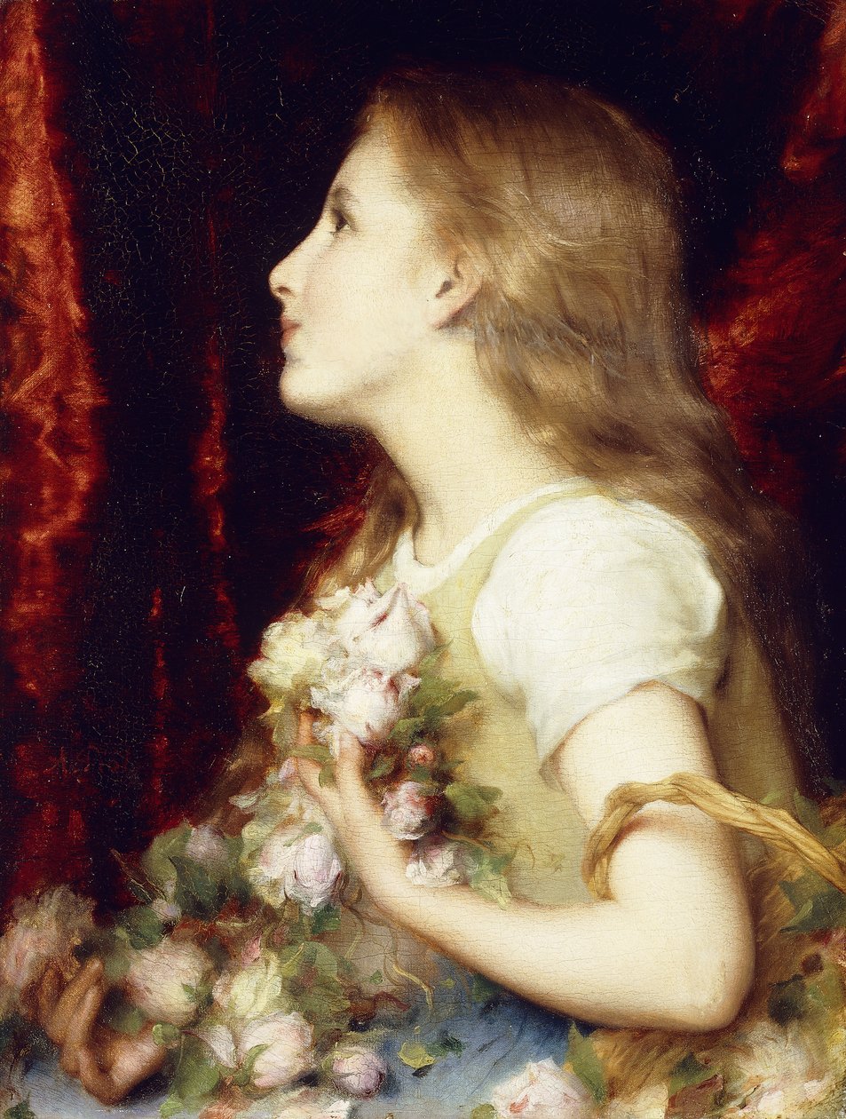 En ung flicka med en korg med blommor, av Etienne Adolphe Piot