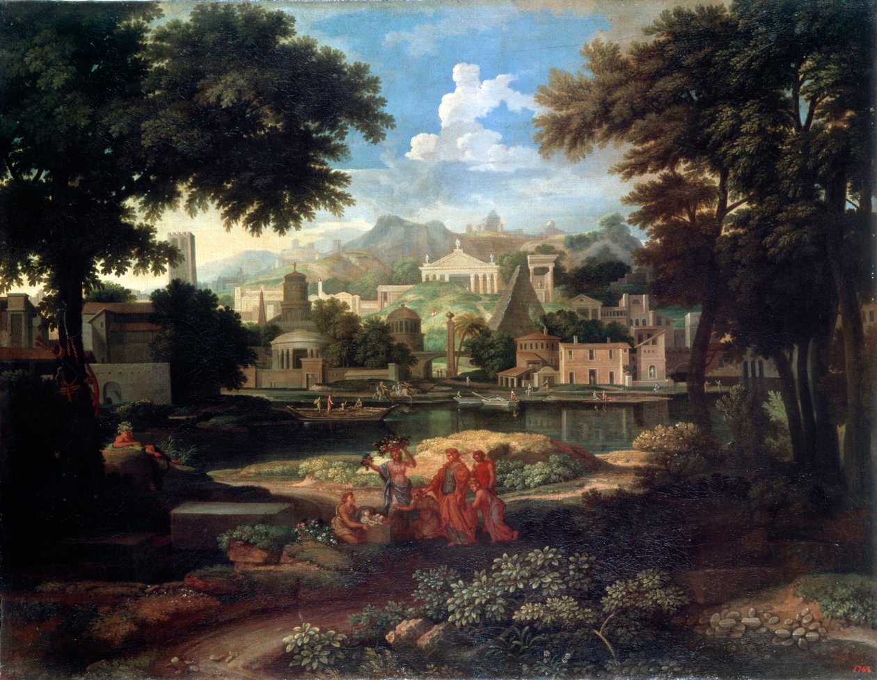 Landskap med Moses räddad från Nilen, sent 1600- eller 1700-tal av Etienne Allegrain