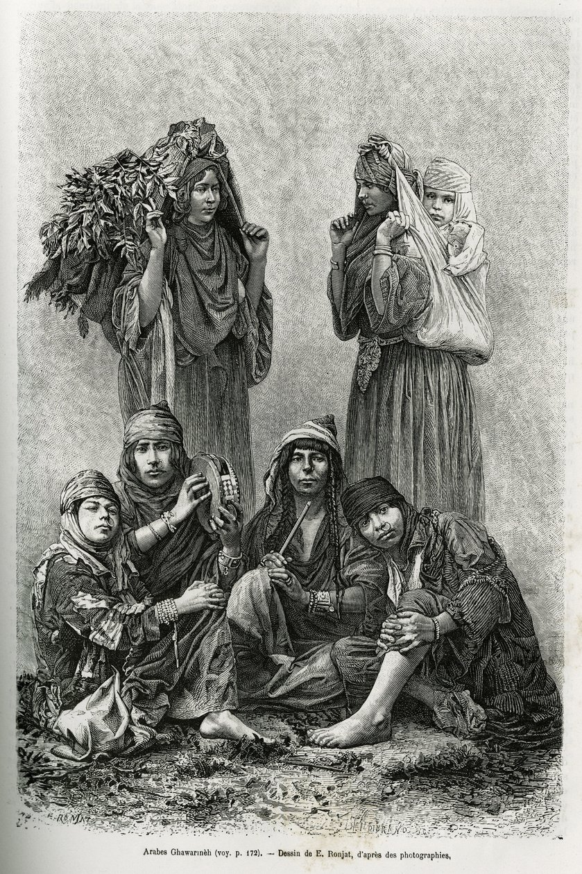 Araberna Ghawarineh, nomader från Dödahavsbassängen. Gravyr av E.Ronjat, för att illustrera historien om Syrien idag, av M.Lortet, dekanus vid Medicinska fakulteten i Lyon, anförd för ett vetenskapligt uppdrag av ministeriet för offentlig utbildning, publi av Etienne Antoine Eugene Ronjat