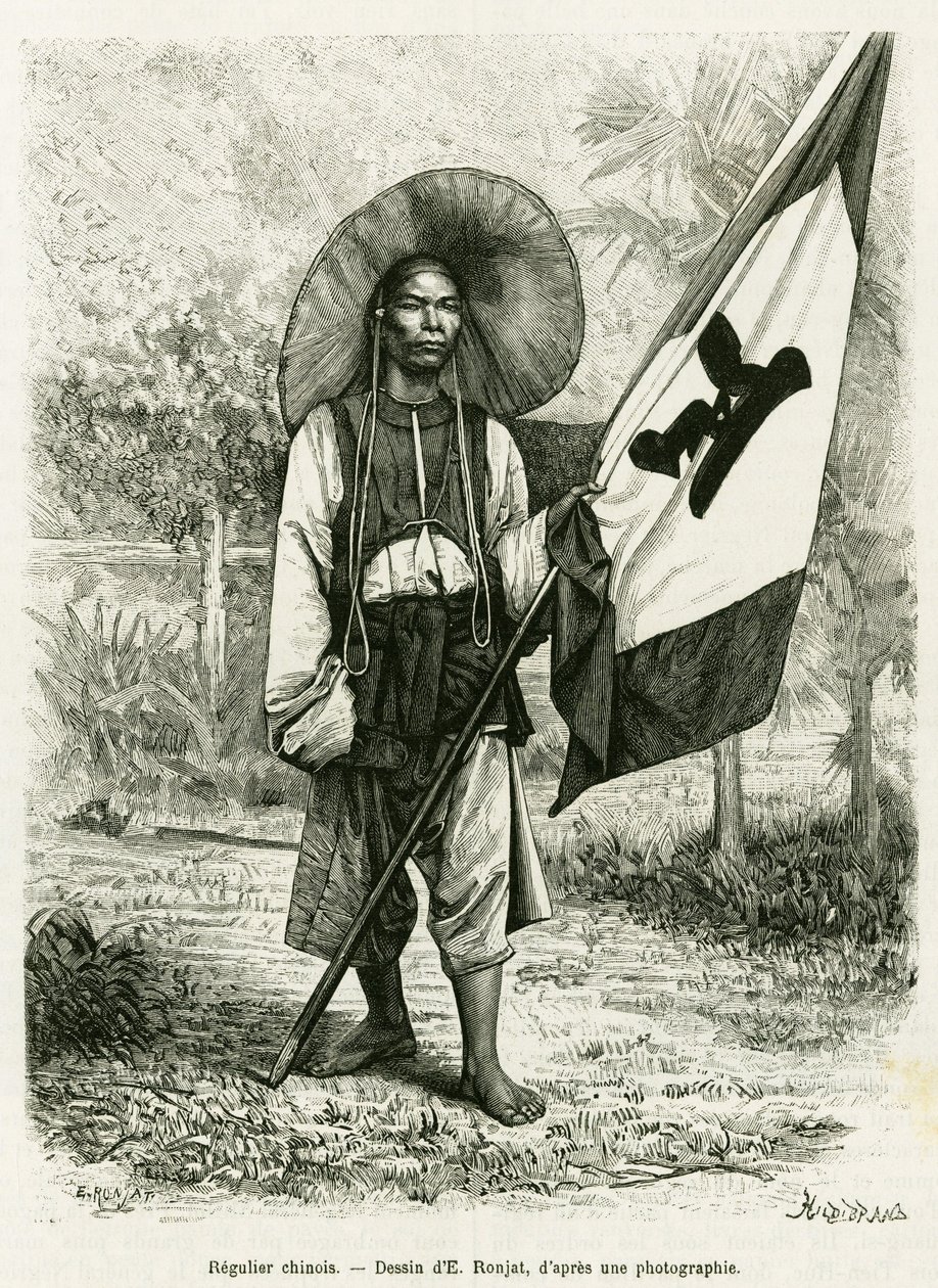 kinesiskt styre. Gravyr av E.Ronjat, efter ett fotografi, för att illustrera historien Trente mois au Tonkin 1884, av Doctor Hocquard, i le tour du monde 1889, regisserad av Edouard Charton (1807-1890), Hachette, Paris. av Etienne Antoine Eugene Ronjat