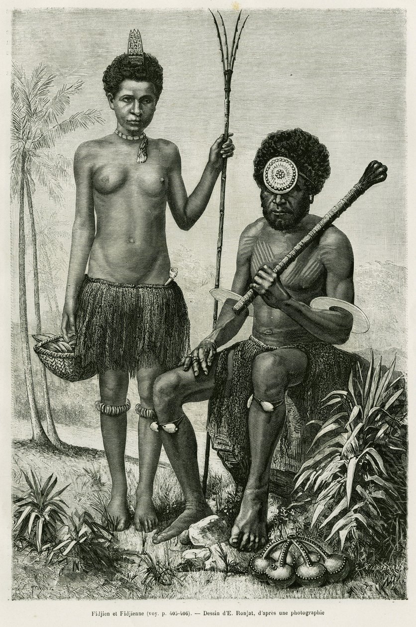Fijian par. Gravyr av E.Ronjat för att illustrera berättelsen Promenades en Oceanie, av Aylic Marin, i le tour du monde 1887, regisserad av Edouard Charton (1807-1890), Hachette, Paris. av Etienne Antoine Eugene Ronjat