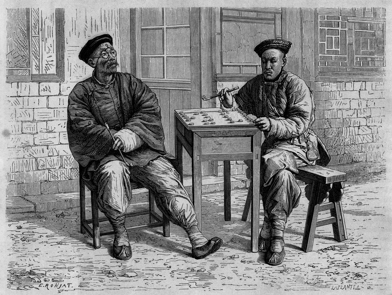 Gå spelare på gatorna i Pekin (Peking) på 1800-talet. Gravyr efter en teckning av Ronjat, efter ett fotografi av doktor Morache, i "Le Tour du Monde, Nouveau journal des Voyages", redigerad av Edouard Charton, Paris av Etienne Antoine Eugene Ronjat