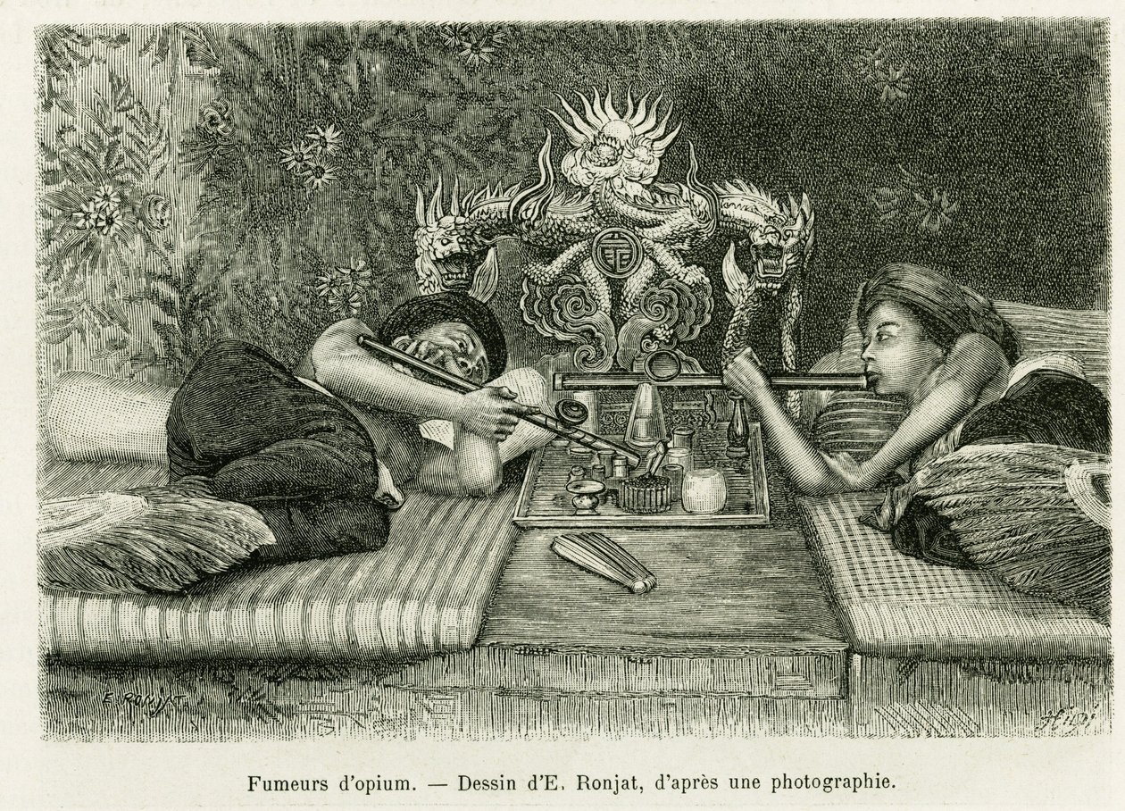 Opiumrökare. Gravyr av E.Ronjat, efter ett fotografi, för att illustrera historien Trente mois au Tonkin 1884, av Doctor Hocquard, i le tour du monde 1889, regisserad av Edouard Charton (1807-1890), Hachette, Paris. av Etienne Antoine Eugene Ronjat
