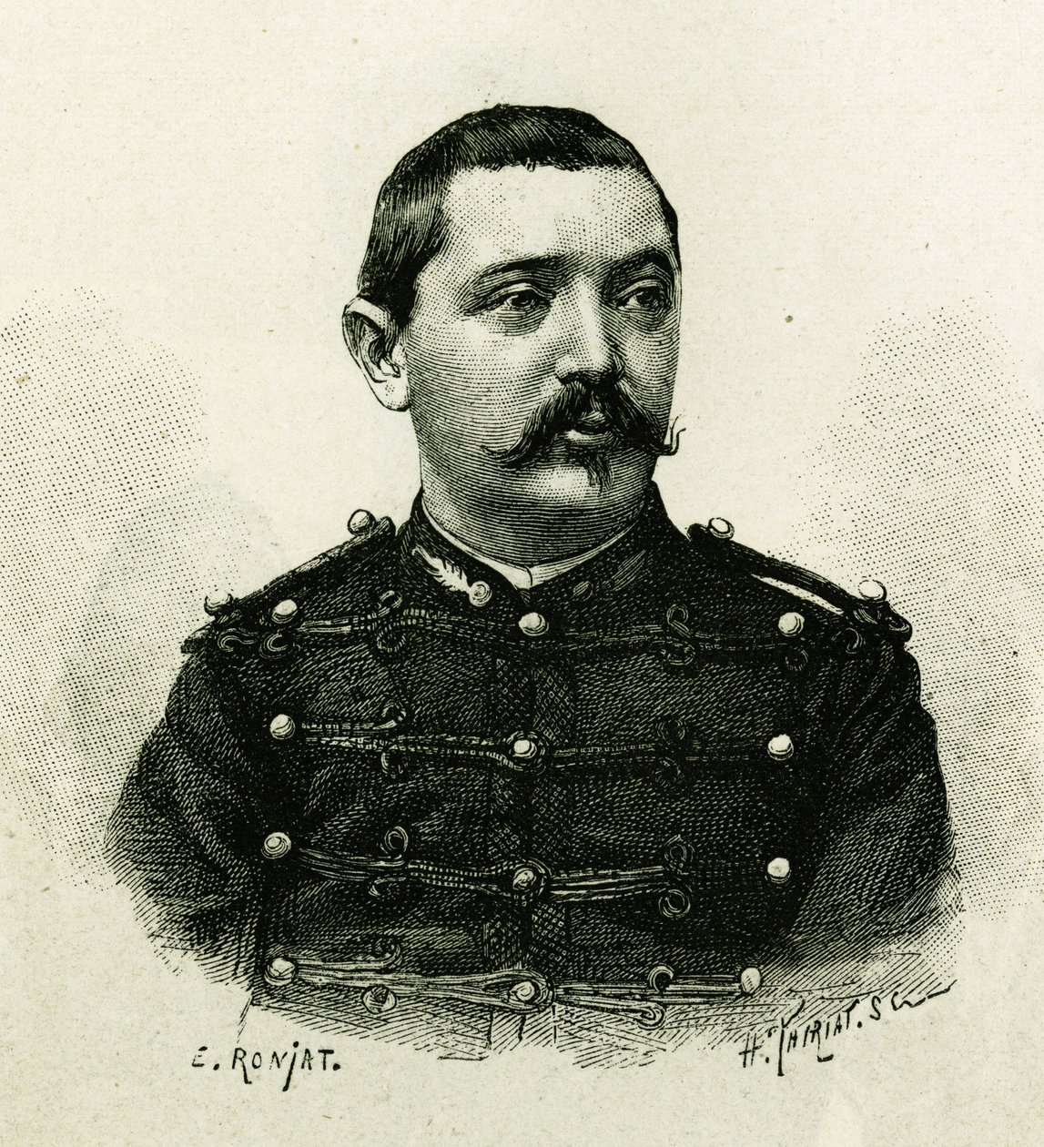 Porträtt av kapten Pietri, av sjöartilleriet, under expeditionen till Afrika 1879-1882, under befäl av Gallieni. Gravyr av E. Ronjat, från ett fotografi, för att illustrera berättelsen "Exploration du Haut Niger (Haut Niger)" (dagens Mali) av av Etienne Antoine Eugene Ronjat